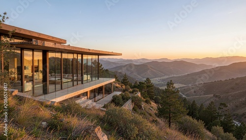 Modern Mountain Retreat at Sunset: A contemporary house with expansive glass walls offers breathtaking panoramic views of rolling hills and a valley bathed in the warm golden light of sunset.