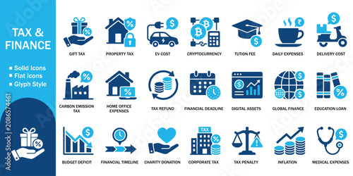 Tableau sur toile Tax and finance solid icon set with finance business budget