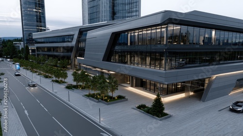 Futuristic police headquarters in smart city with autonomous vehicles parked outside during blue hour