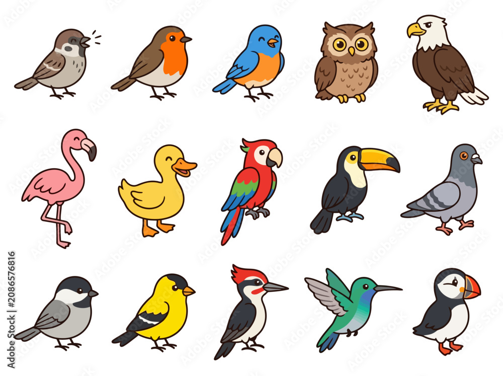 Fototapeta premium A collection of fifteen colorful cartoon birds in a grid layout.