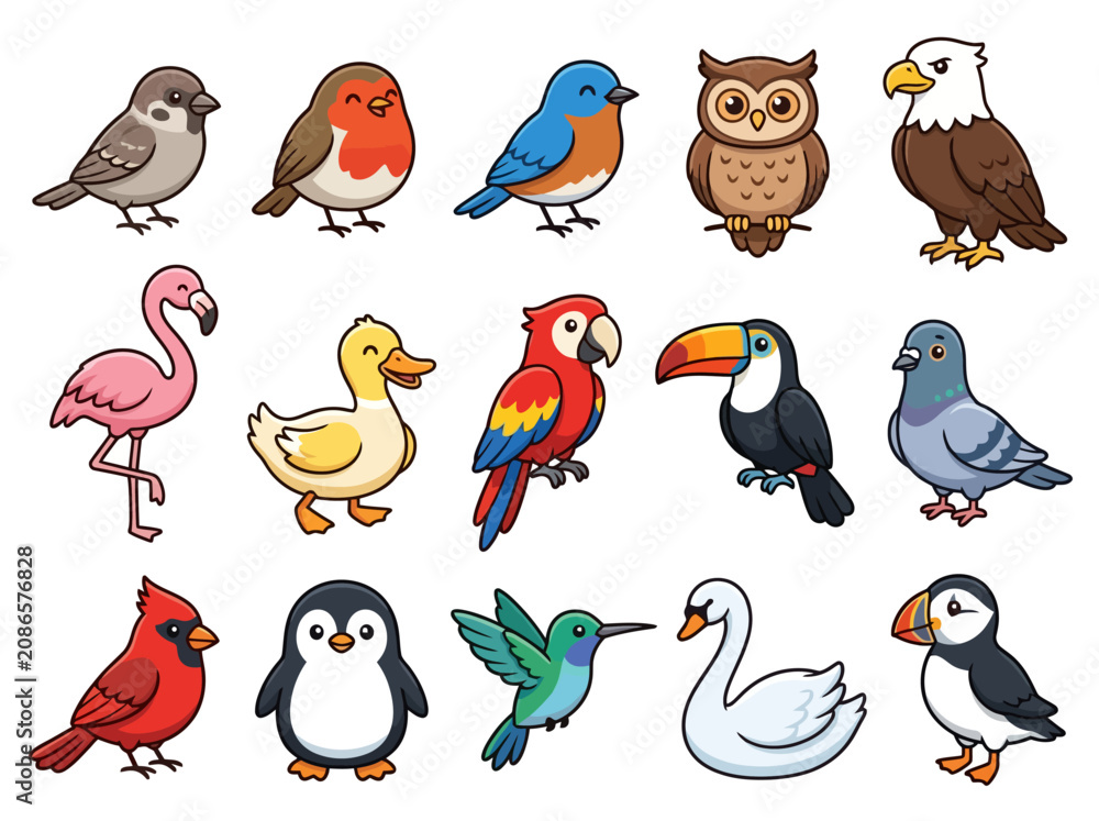 Fototapeta premium A collection of fifteen colorful cartoon birds including a flamingo owl and parrot.