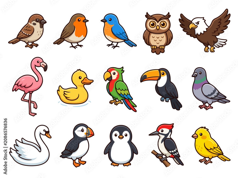 Fototapeta premium A collection of cute cartoon birds including owl eagle parrot penguin and flamingo.