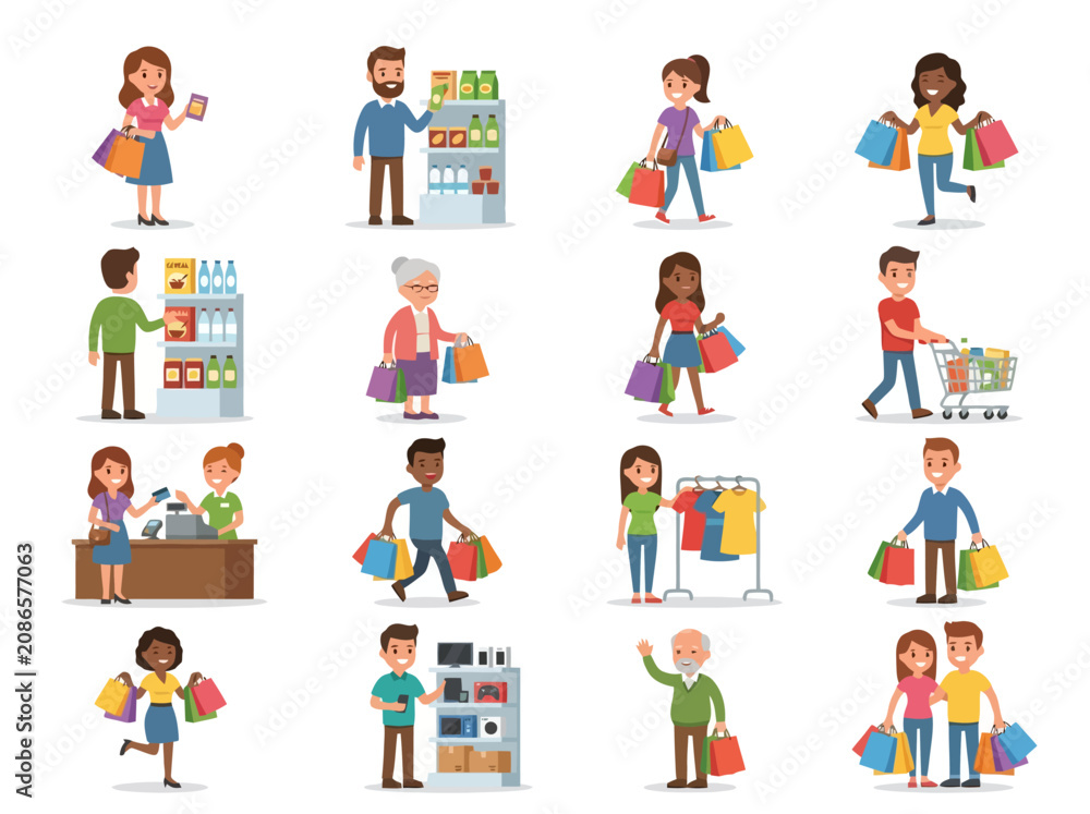 Fototapeta premium Diverse group of people shopping in a store with bags and carts.