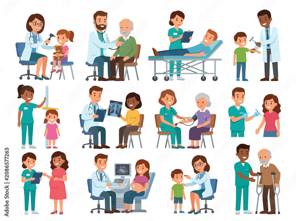 Fototapeta premium A collection of diverse medical professionals interacting with patients in various healthcare settings.