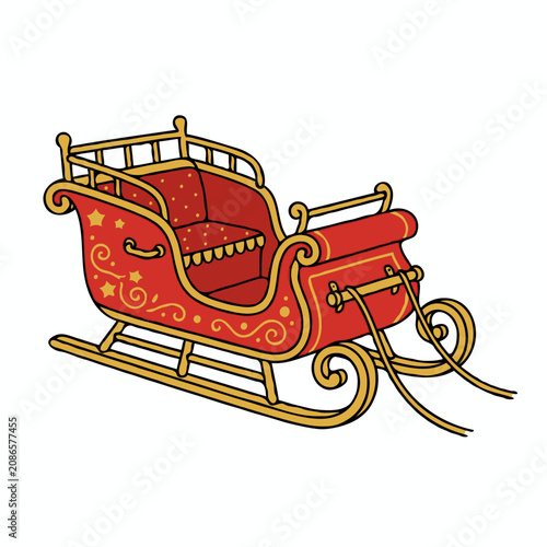 Christmas sleigh in decorative red and gold style on gray background