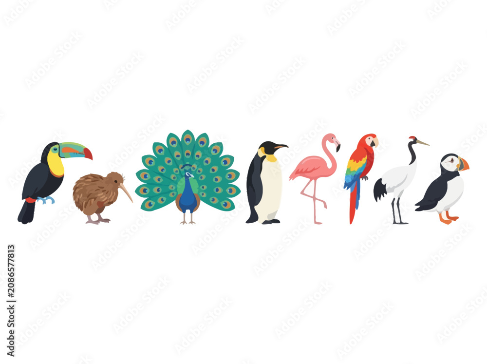 Fototapeta premium A collection of various colorful bird species standing in a horizontal row.