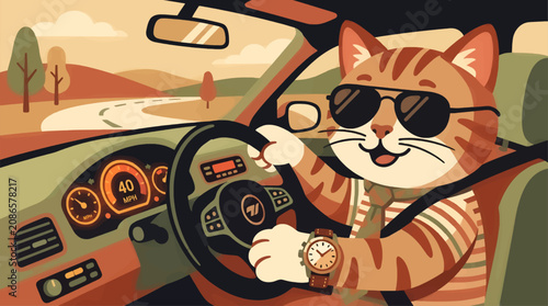 Cuadro en lienzo Cute Cartoon Tabby Cat Wearing Sunglasses and Casual Tie Driving a Car, Dashboar