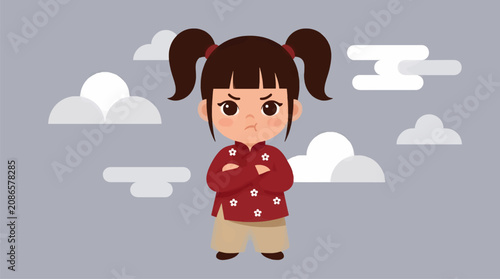 Quadro su tela Cute Flat Design Vector Illustration of an Angry Toddler Girl with Dark Pigtails
