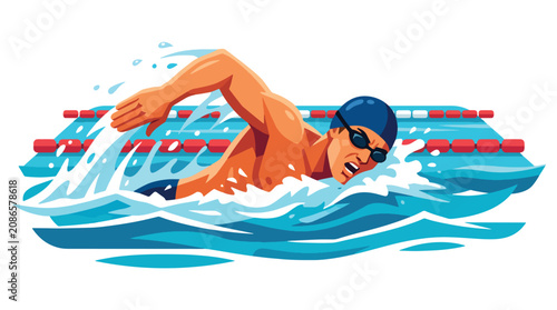 Obraz na płótnie Flat style vector illustration of man performing freestyle swimming in a competition pool with energetic splashes