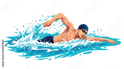 Fotografi Flat style vector illustration of man performing freestyle swimming in a competition pool with energetic splashes