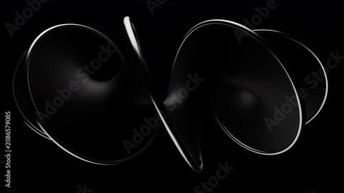 Looping 3d animation of rotating black matte metal spiral with polished glossy edges, kinetic mechanical motion background. 3d rendering not AI