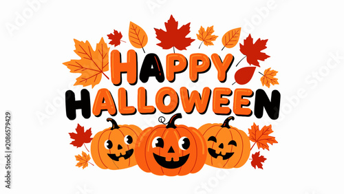 Happy halloween greeting with smiling pumpkins and autumn leaves