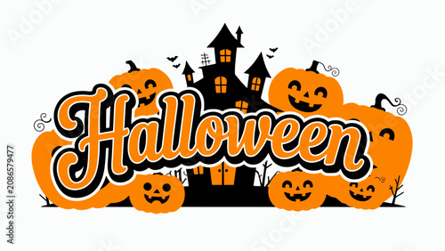 Halloween typography with pumpkins and haunted house silhouette
