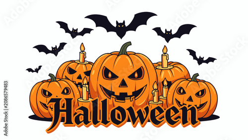 Spooky halloween pumpkins with bats and decorative typography