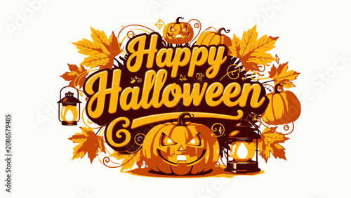 Happy halloween typography with pumpkins lanterns and maple leaves