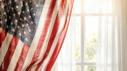 Backlit USA Inspired Fabric Flag Curtain In Sunlit Window
