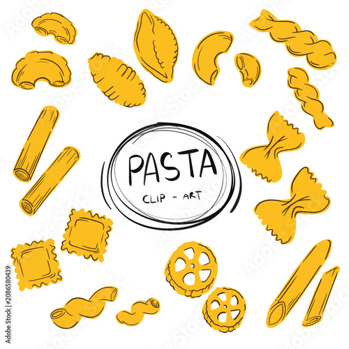Pasta and macaroni set isolated on white background, design elements for food advertising hand drawn illustration, icon, clip art