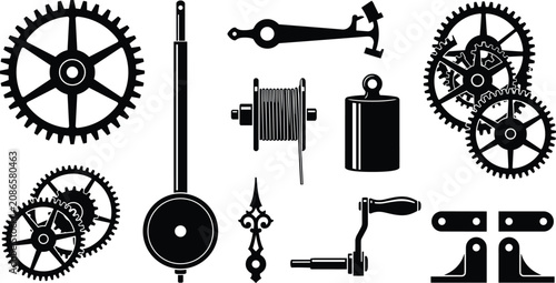 Tableau sur toile Vintage Mechanical Clockwork Mechanism Icon Set with Cogwheels Pendulum Counterw