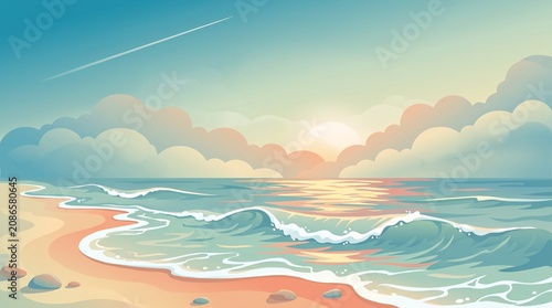 A tranquil beach scene at sunrise or sunset with a sandy shoreline and gentle waves; warm orange, yellow, and turquoise light reflects on calm water as the sun sits near the horizon behind soft clouds