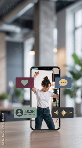 The smartphone mockup displaying energetic creator content with floating 2d interface tiles for influencer marketing collaboration analytics
