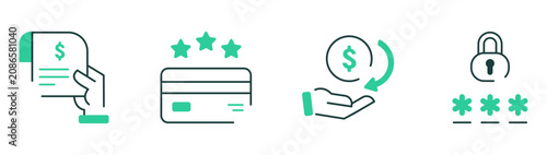 Receipt invoice icon set collection featuring loyalty rewards, cashback, payment security, password protection, finance illustration
