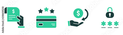 Financial transaction icon set featuring receipt invoice, cashback, loyalty rewards, password security illustration