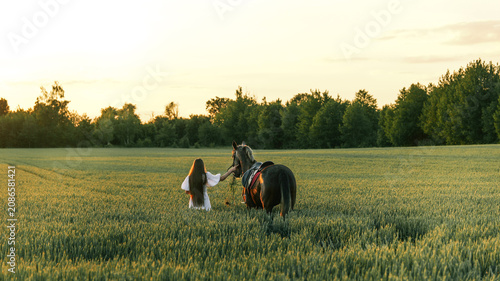 Young woman in white dress leads horse through golden wheat field at sunset