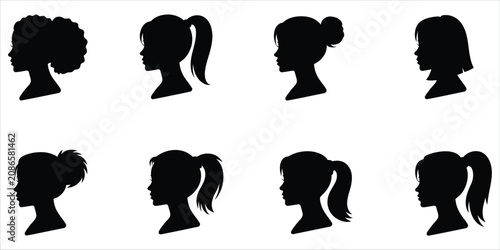 Foto Set of eight black female head silhouettes in profile view featuring various hai