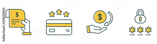 Payment security icon collection featuring receipt invoice, loyalty rewards, cashback, password protection illustration