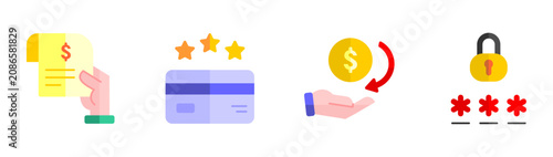 Digital finance icon set featuring receipt invoice, reward program, cashback, password protection illustration