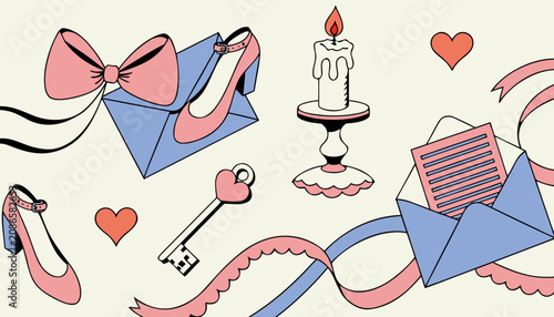 Foto Romantic set of vector icons with ballerina shoes candle envelope and heart elements art