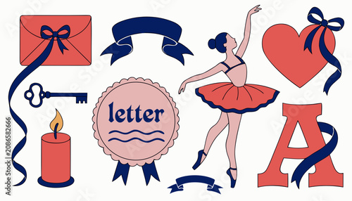 Foto Set of romantic ballerina themed vector elements with red envelopes bows and fancy letters