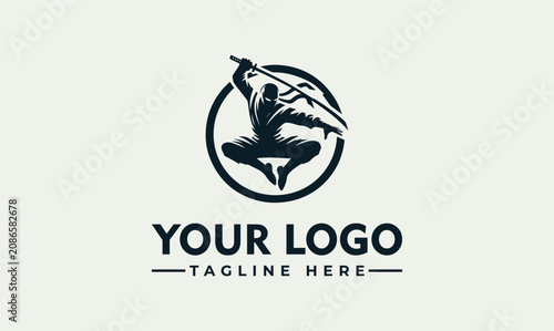 Photos Ninja jumping warrior with sword circle vector logo illustration