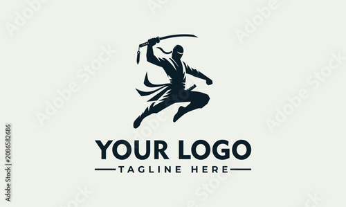 Tableau sur toile Ninja warrior holding katana sword jumping action vector logo illustration