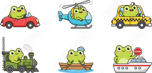 Tableau sur toile Cute Kawaii Frog Transport Sticker Set with Chibi Character Driving Red Car Heli