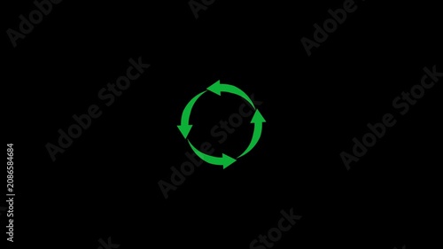 Green circular arrows rotating in a continuous loop representing recycling and sustainability on a black background