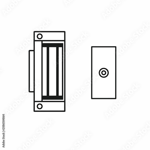 Electromagnetic door lock and strike plate illustration.