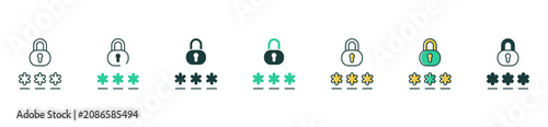 PIN password lock security icon set. Account protection digital authentication secure login cashless payment privacy vector illustration
