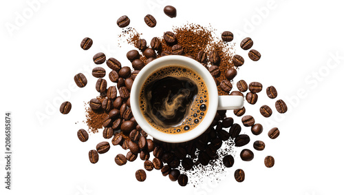 Obraz na plátně White cup of hot black coffee surrounded by roasted coffee beans and grounds