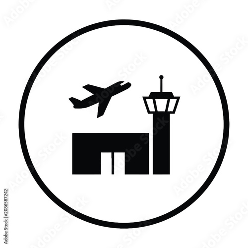 Foto Airport icon with plane flying over terminal building