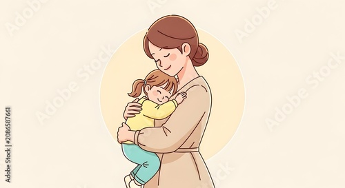 Loving mother embracing her cute daughter to show affection and warmth in a sweet illustration.