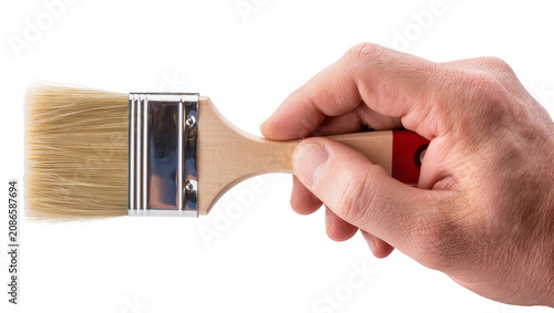 Tableau sur toile Hand holding paintbrush with wooden handle and metal ferrule