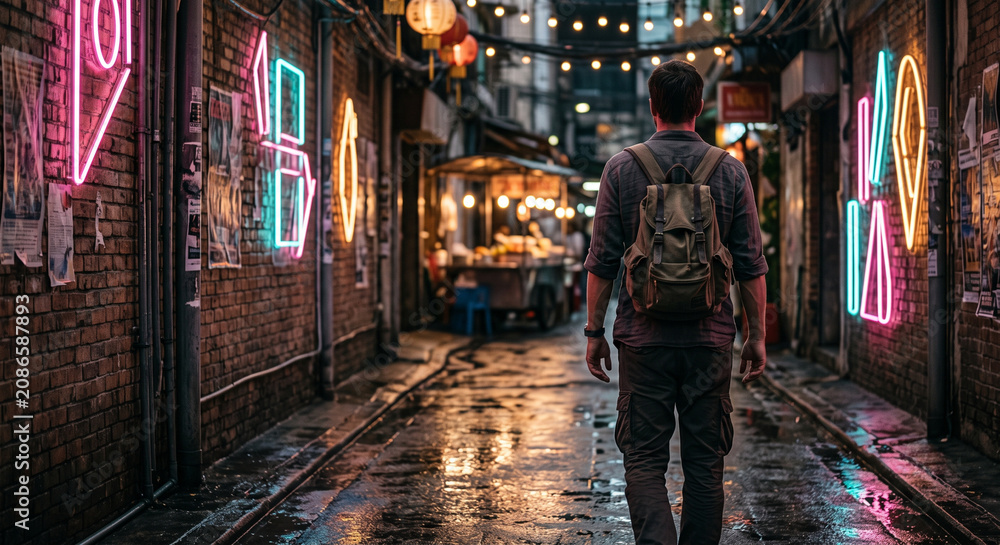 Obraz premium Atmospheric Neon-Lit Thai Soi Exploration