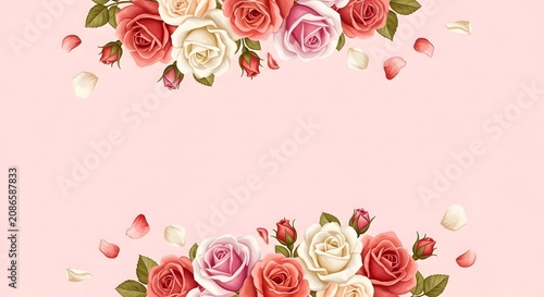 Elegant pink and white roses floral border on a soft pastel background illustration