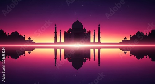 Majestic Taj Mahal silhouette reflecting on calm water during a vibrant purple sunset.