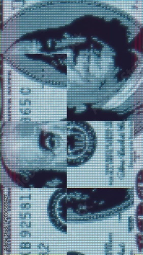 Glitch Dollar Apocalypse. Digital 100 Dollars Bill. Macro Footage of Corrupted Currency, Illuminati Pyramid. Conspiracy Theories, Dark Finance, All Seeing Eye, Finance Control, Cyber Money CBDC intro