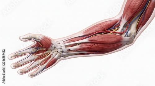 Human arm anatomy showing muscle, bone, tendon, nerve, and blood vessel structure in detailed medical illustration for educational and scientific use
