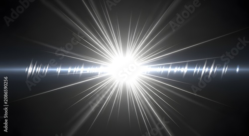 Bright white cinematic lens flare starburst with anamorphic light rays on black background