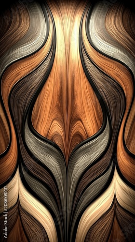 Symmetrical walnut wood texture with artistic bookmatched grain and metallic borders. Luxurious abstract design featuring flowing curves for premium furniture panels and interior decor.