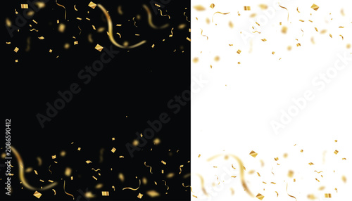 Gold confetti and streamers falling and festive celebration frame for party, birthday or anniversary
